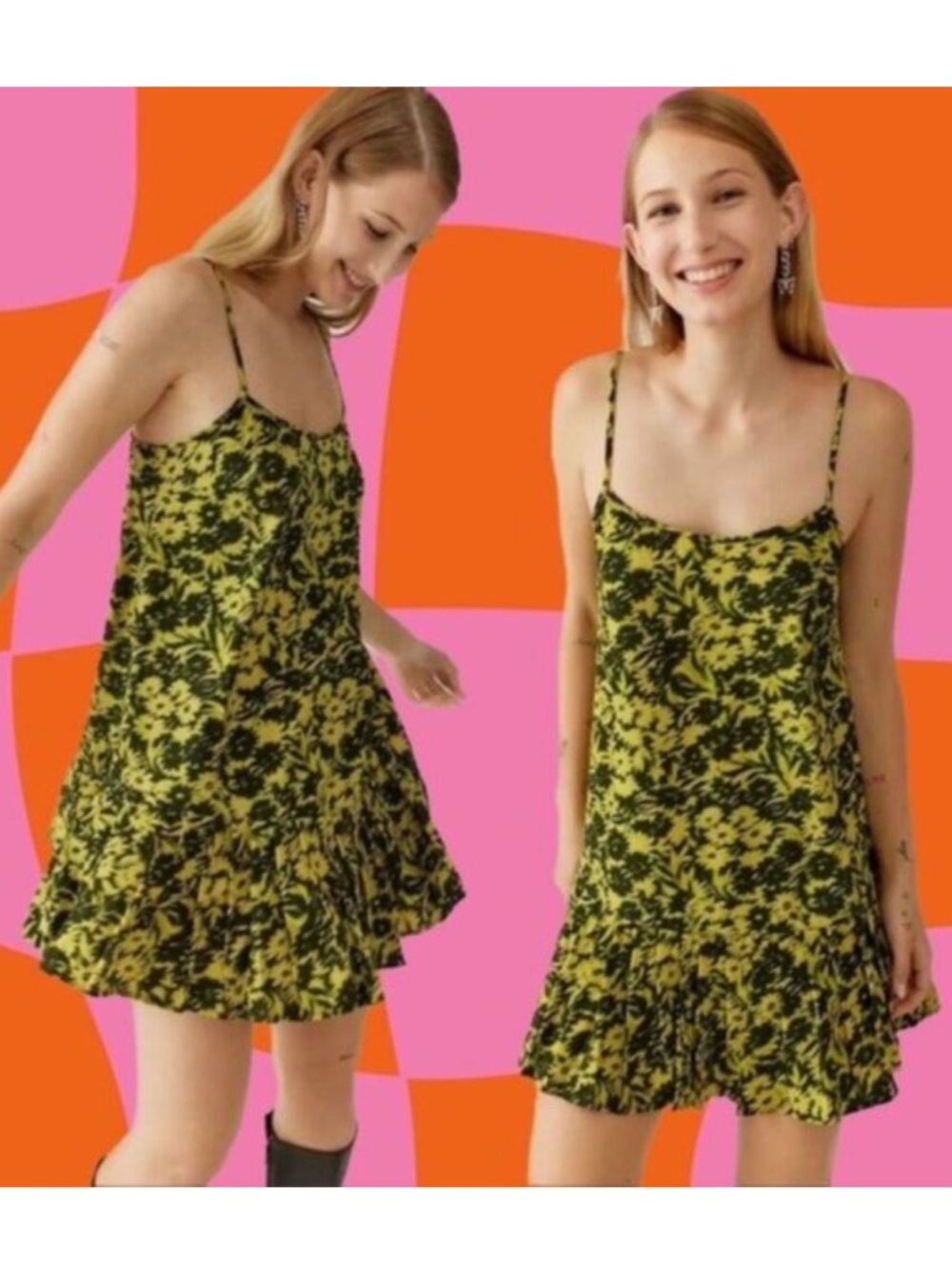 Urban Outfitters | Camille Mini Frock Dress Yellow Green Digitized Floral Small